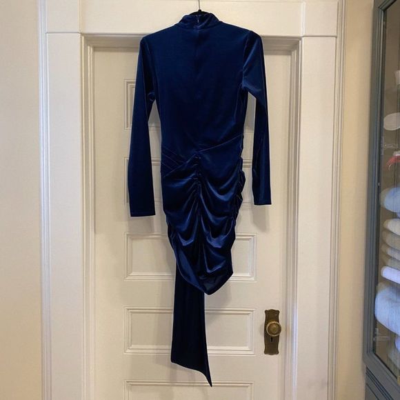 Ronny Kobo Marlinna Blue Velvet Long Sleeve Mock Neck Mini Dress - Size Small - Picture 6 of 11